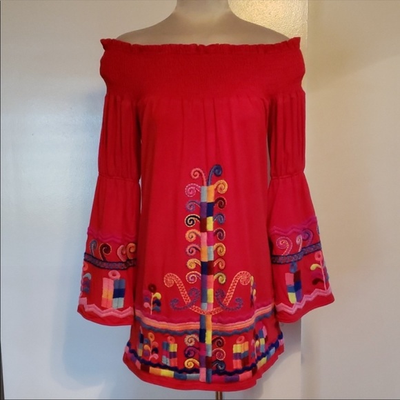 😻Anthro Vava Red Embroidered Off Shoulder Dress💖 - Picture 5 of 7